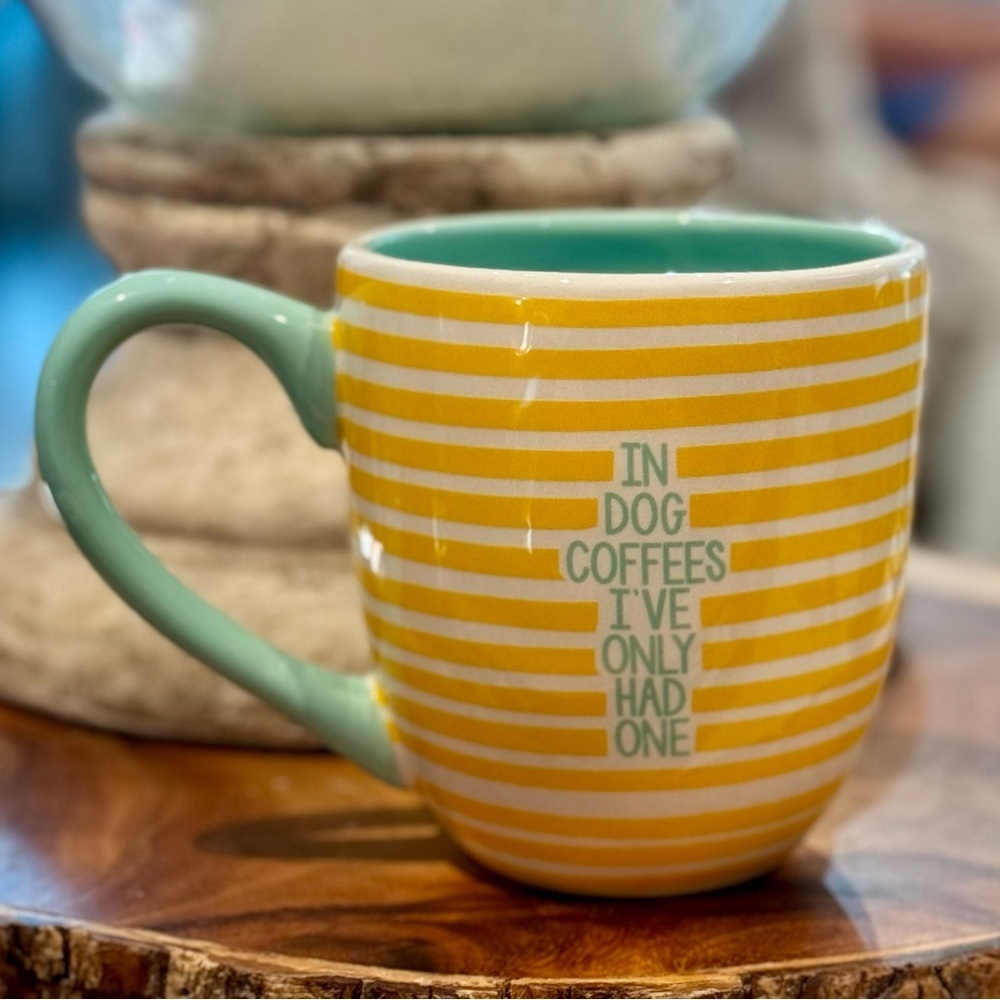 “In Dog Coffees, I've Only Had One Mug” Yellow/White Stripe Blue Interior Mug